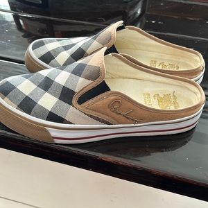Size 7.5 Burberry check slip ons.